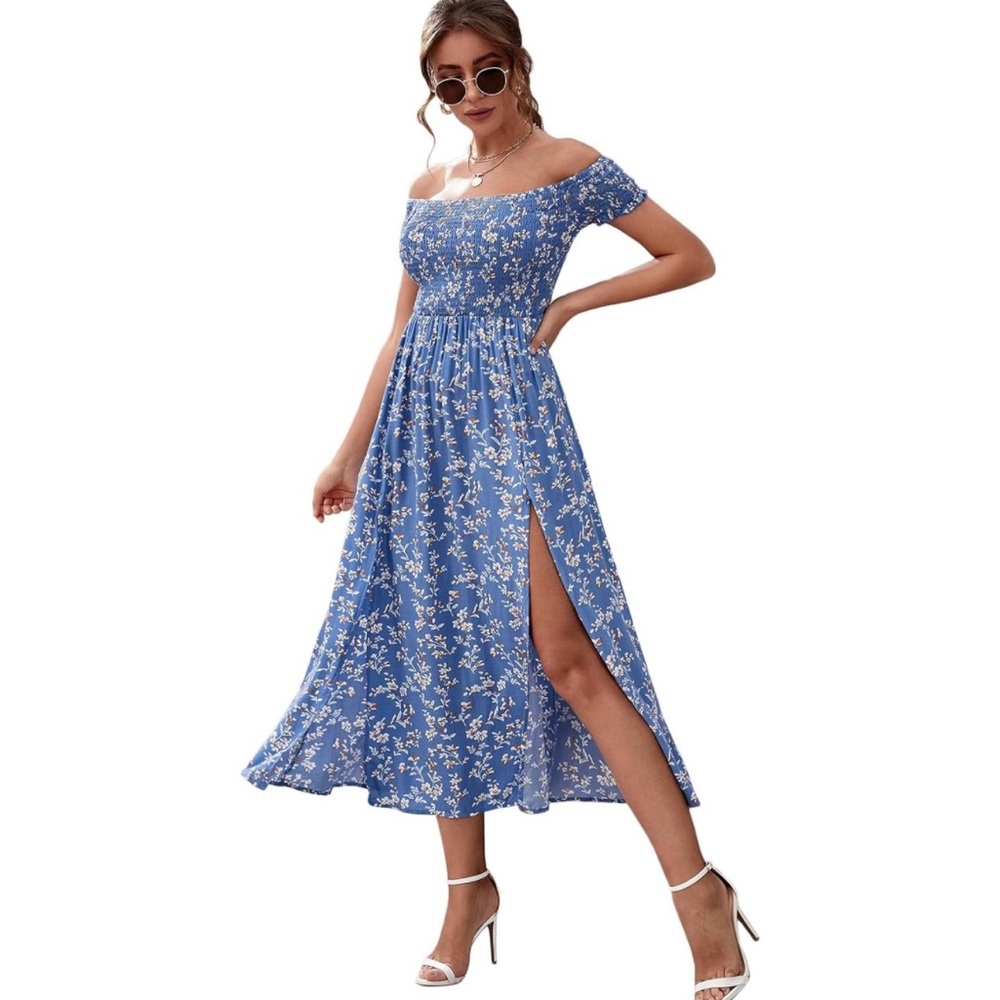 Floral Blue Off-Shoulder Dress